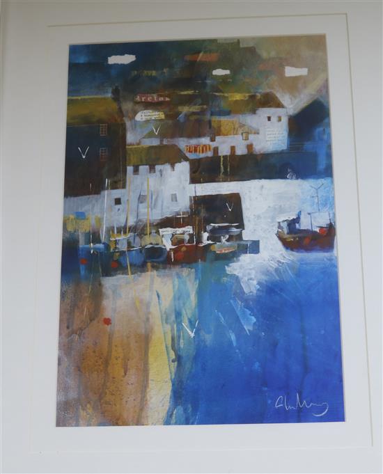 Glyn Macey, mixed media, Corner of the Quay, signed, Broadway Modern label verso, 17.5 x 11.5in.